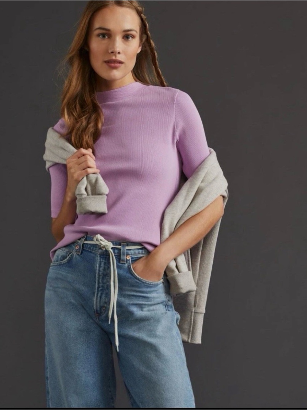 Maeve | Mock Neck Lilac Short-Sleeve Ribbed Top | 2X